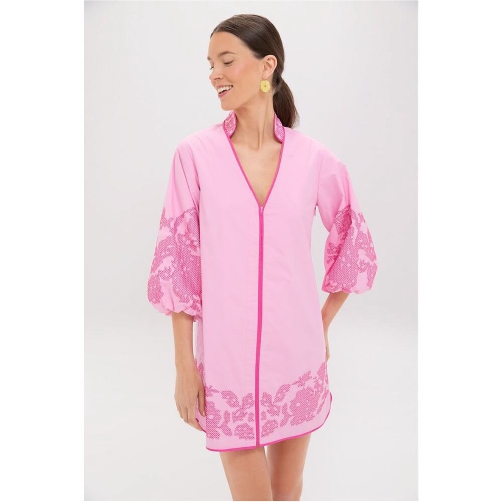 Tuckernuck Pink embroidered -Trim V-Neck Tunic Dress